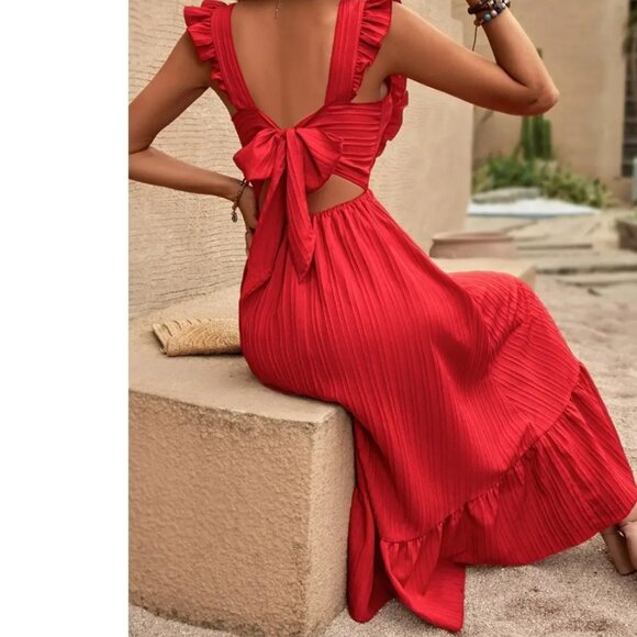 Free people  red dress sz M ruffled - Picture 2 of 11